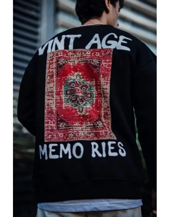 Oversize Bisiklet Yaka Üç İplik Baskılı SweatShirt - Siyah