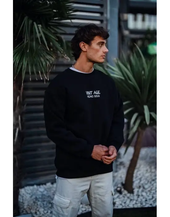Oversize Bisiklet Yaka Üç İplik Baskılı SweatShirt - Siyah