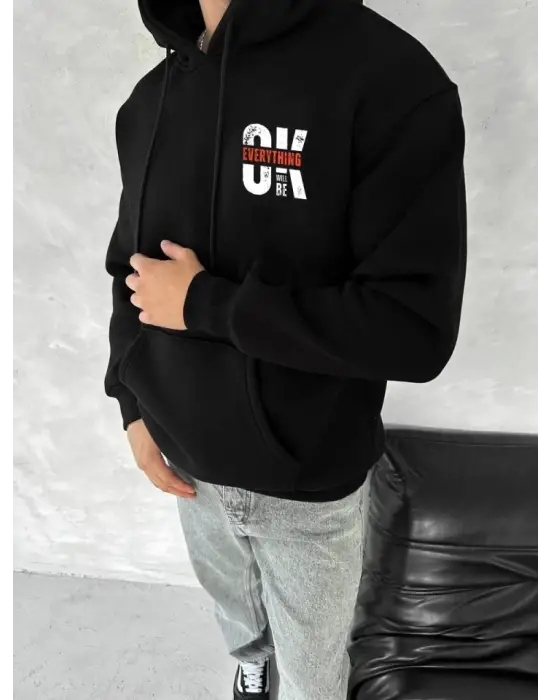Oversize Üç İplik Kapşonlu SweatShirt - Siyah