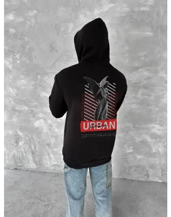 Oversize Üç İplik Kapşonlu SweatShirt - Siyah