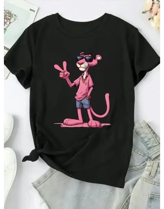 Pembe Panter Baskılı Oversize Bisiklet Yaka T-shirt - Beyaz