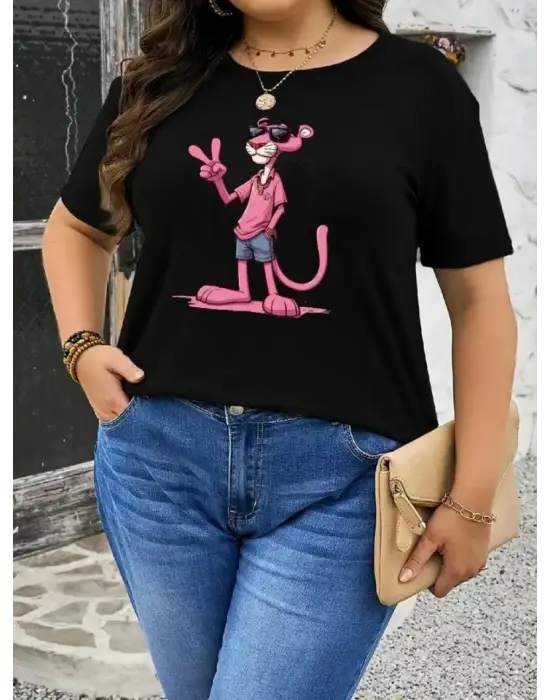 Pembe Panter Baskılı Oversize Bisiklet Yaka T-shirt - Beyaz
