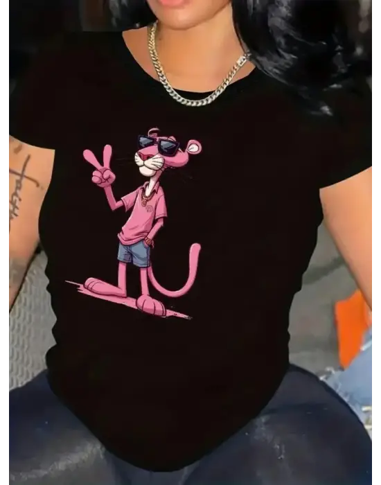 Pembe Panter Baskılı Oversize Bisiklet Yaka T-shirt - Beyaz