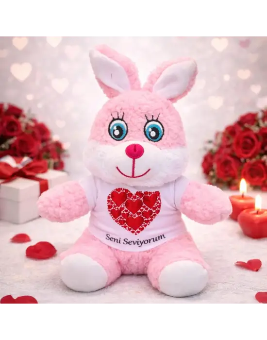 Pembe Renk Seni Seviyorum Tişörtlü Peluş Tavşan