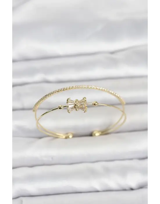 Pirinç Gold Renk Baget Zirkon Taşlı Objeli Kadın Bileklik