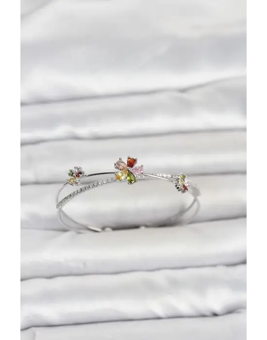 Pirinç Gümüş Renk Renkli Çiçek Model Kadın Bileklik