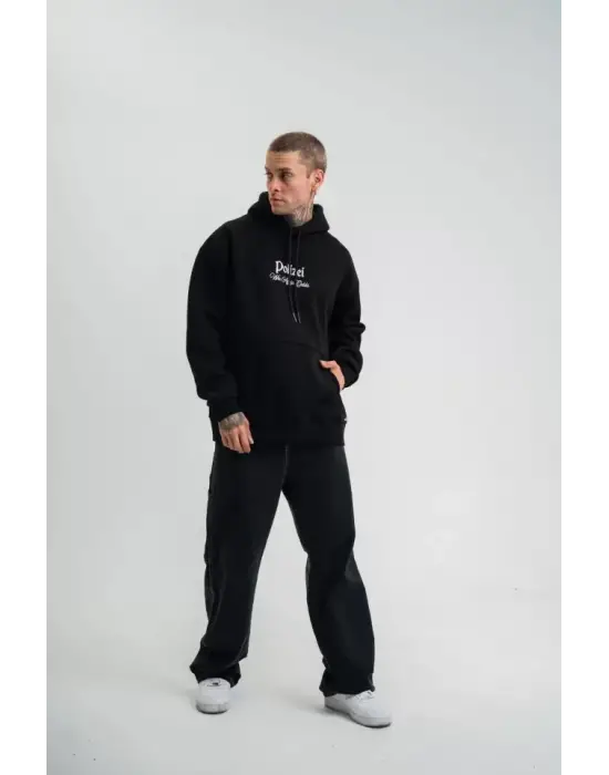 POLIZEI Premium Kalite Kapşonlu Dijital Patchli SweatShirt - Siyah