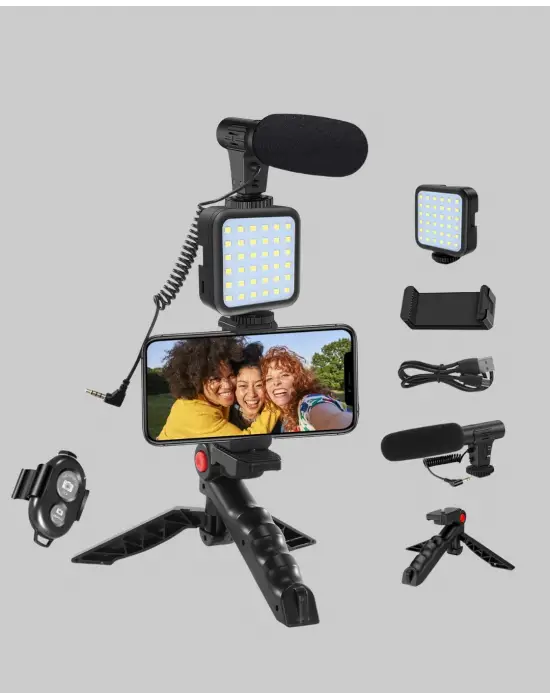 Profesyonel Vlog Çekim Kiti Led Işıklı Tripod Mikrofonlu Telefon Seti