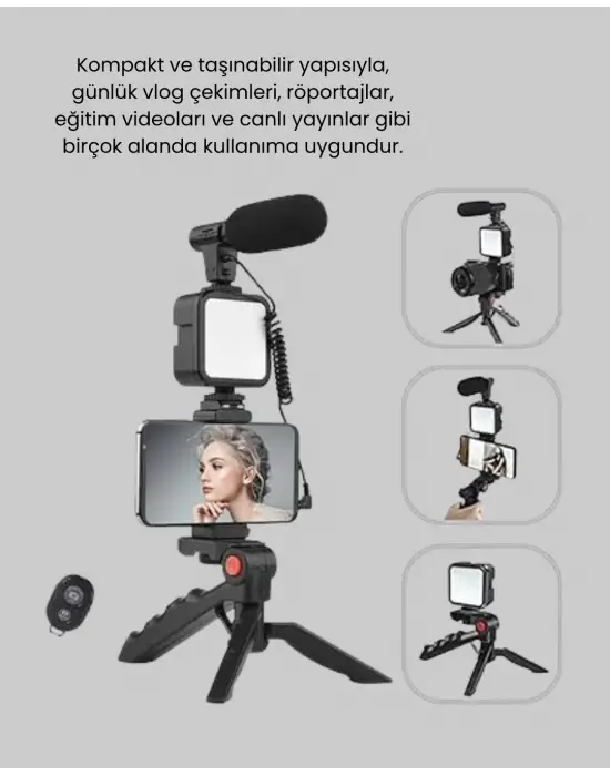 Profesyonel Vlog Çekim Kiti Led Işıklı Tripod Mikrofonlu Telefon Seti