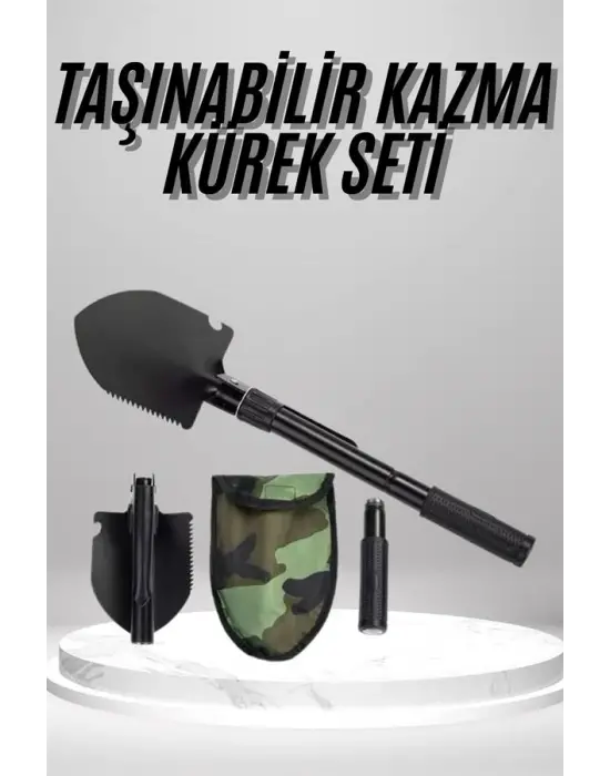 Pusulalı Katlanabilen Portatif Çantalı Mini Kazma Kürek Seti