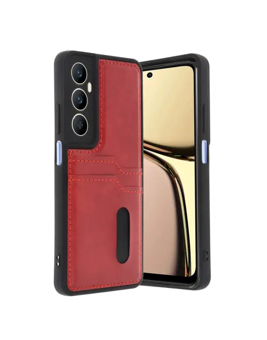Realme C65 Sara Kartvizitli Deri Kılıf - Kırmızı