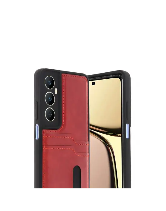 Realme C65 Sara Kartvizitli Deri Kılıf - Kırmızı