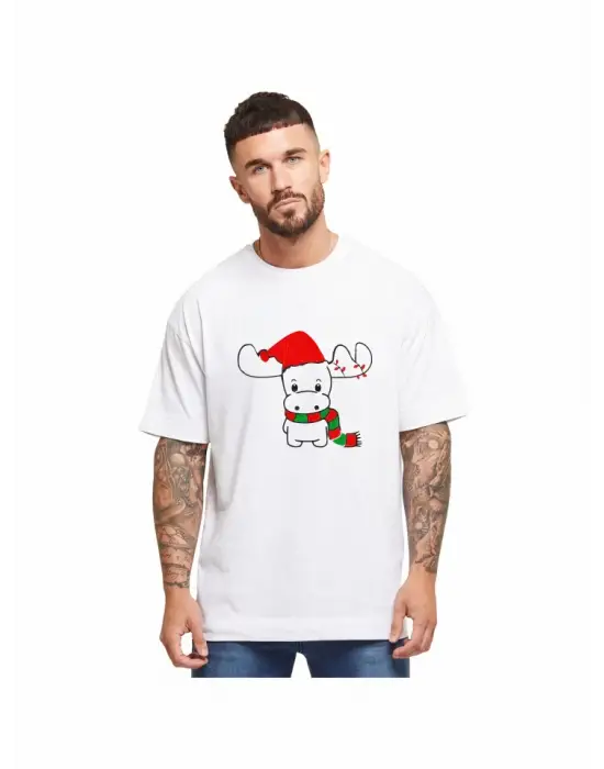 Ren Geyiği Baskılı Noel İçin T-shirt - Beyaz