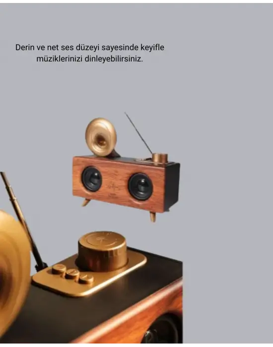 Retro Gramafon Bluetooth Hoparlör Çift Stereo Sesli Fm Radyo Destekli