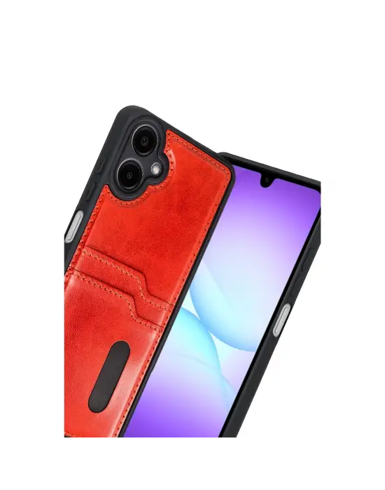 Samsung Galaxy A07 4g Sara Kartvizitli Deri Kılıf - Kırmızı