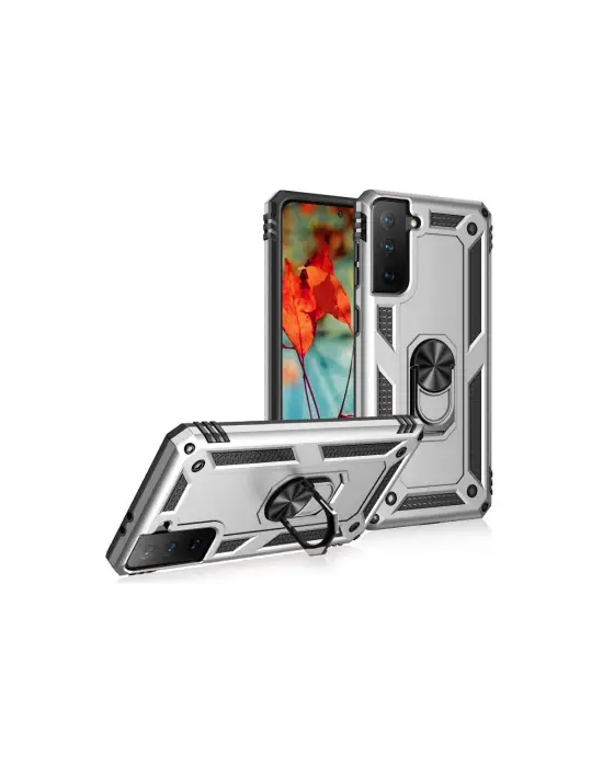 Samsung Galaxy S21 Kılıf Sofya Yüzüklü Silikon Kapak - Gümüş