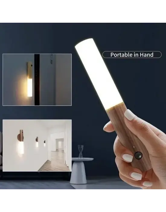 Sensörlü Usb Şarjlı Mıknatıslı Taşınabilir Duvar Aplik Masa Lambası Ahşap Görünümlü Gün Işığı