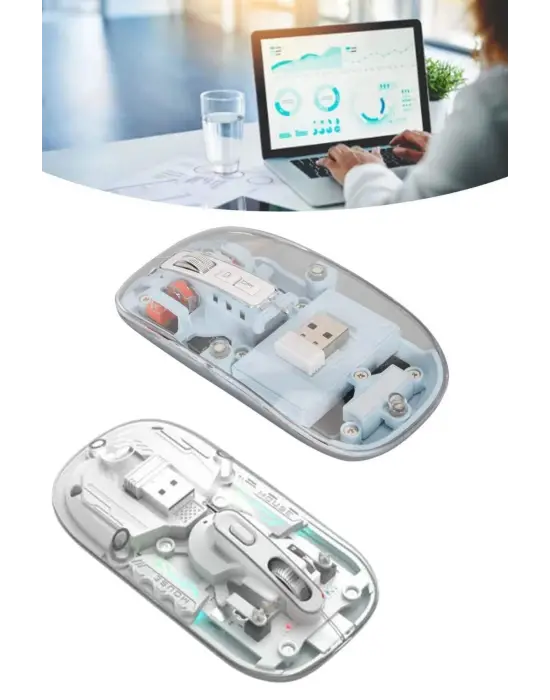 Sessiz Tıklama Çift Modlu Bluetooth Ve Alıcı Şeffaf Mouse Fare
