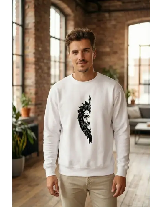 Sevgililer Günü Özel Bisiklet Yaka Aslan Baskılı Oversize Sweatshirt - Beyaz