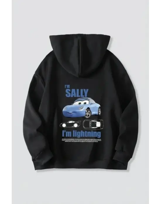 Sevgililer Günü Özel Kapüşonlu Araba Baskılı Oversize Sweatshirt - Siyah