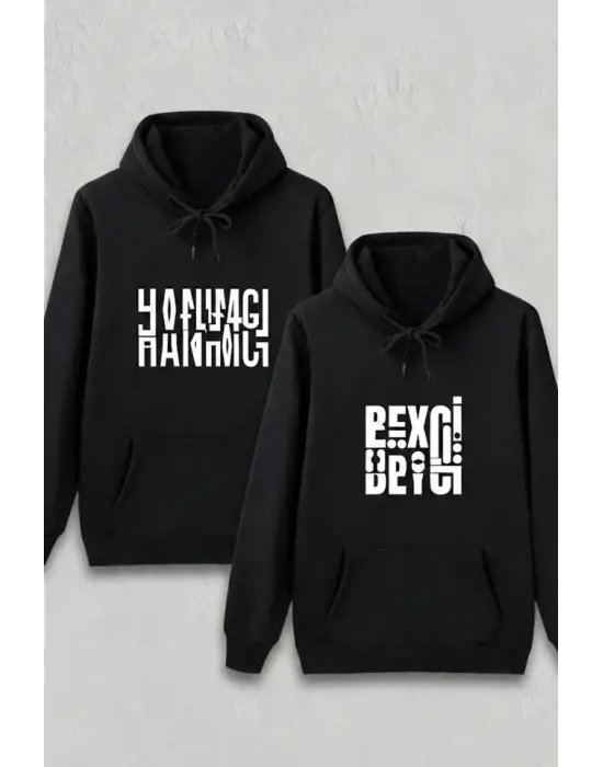 Sevgililer Günü Özel Kapüşonlu Beyci Baskılı Oversize Sweatshirt - Siyah