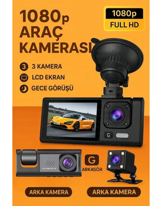 Siyah 1080p Araç İçi 3 Kameralı Lcd Ekranlı Gece Görüşlü , G-sensör , Geri Görüş Kamera