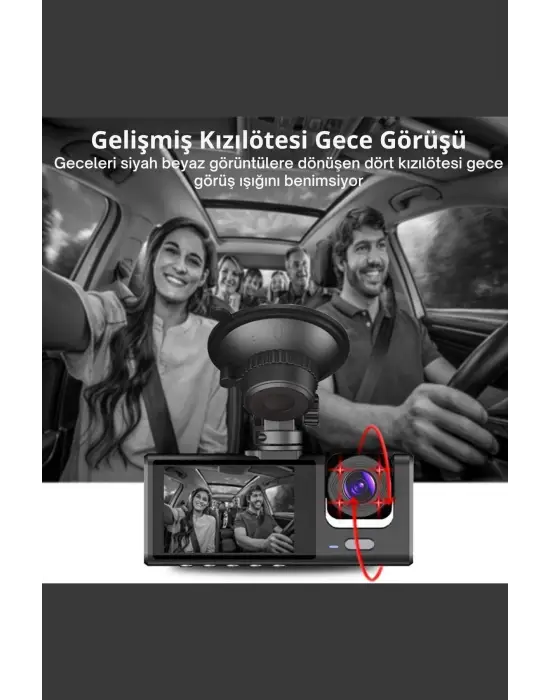 Siyah 1080p Araç İçi 3 Kameralı Lcd Ekranlı Gece Görüşlü , G-sensör , Geri Görüş Kamera