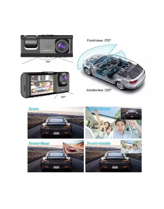 Siyah 1080p Araç İçi 3 Kameralı Lcd Ekranlı Gece Görüşlü , G-sensör , Geri Görüş Kamera