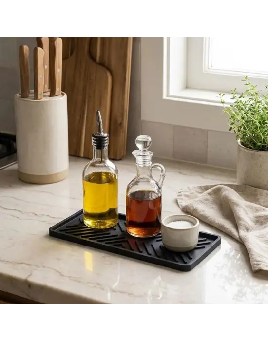 Siyah Silikon Yağdanlık Altlığı – Kaydırmaz Mutfak Organizer 23x10 Cm