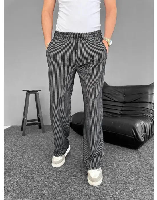 Su Yolu Çizgili Cepli Pantalon - Siyah