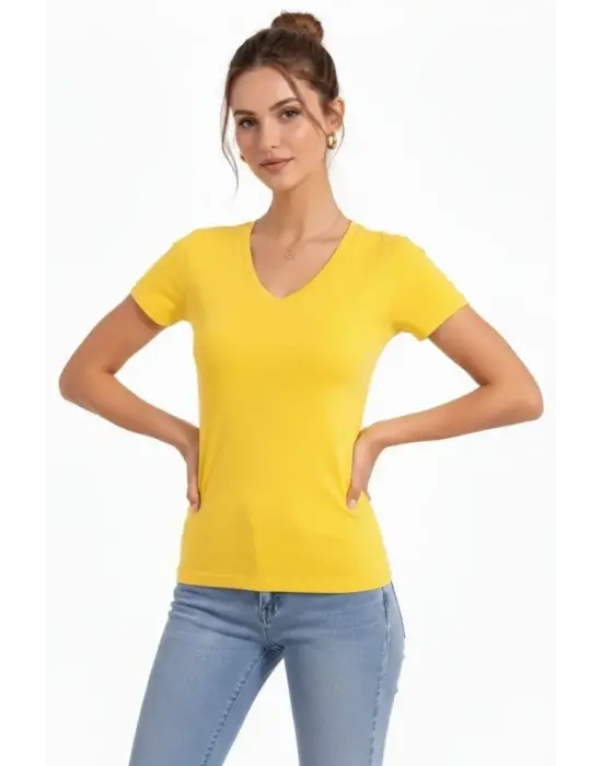 T-Shirt V Yaka Slim Fit Likralı Tişört Günlük Basic Body - Sarı