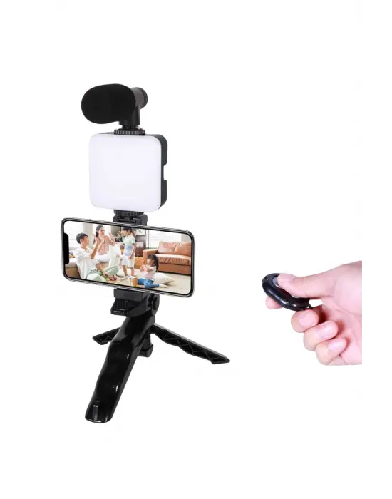 Telefon Tutucu Led Işıklı Kumandalı Mikrofon Telefon Vlog Video Kayıt