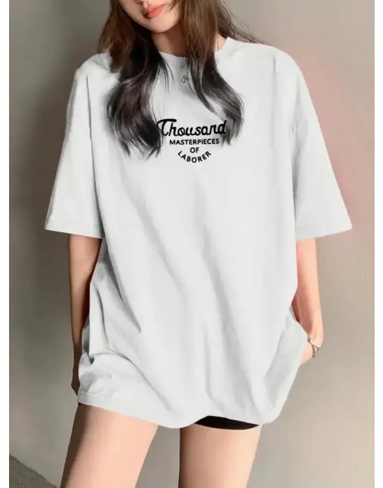 Thousand Baskılı Oversize Bisiklet Yaka T-shirt - Beyaz