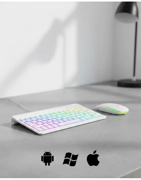 Türkçe Q Aydınlatmalı Klavye Mouse Seti Kablosuz Bluetooth Destekli
