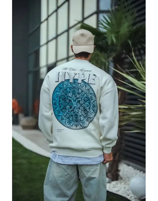 Üç İplik Bisiklet Yaka Baskılı SweatShirt - Beyaz