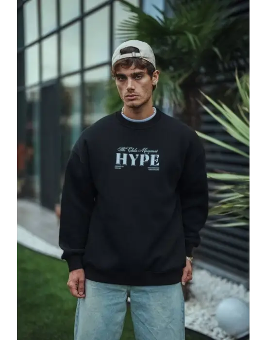 Üç İplik Bisiklet Yaka Baskılı SweatShirt - Siyah