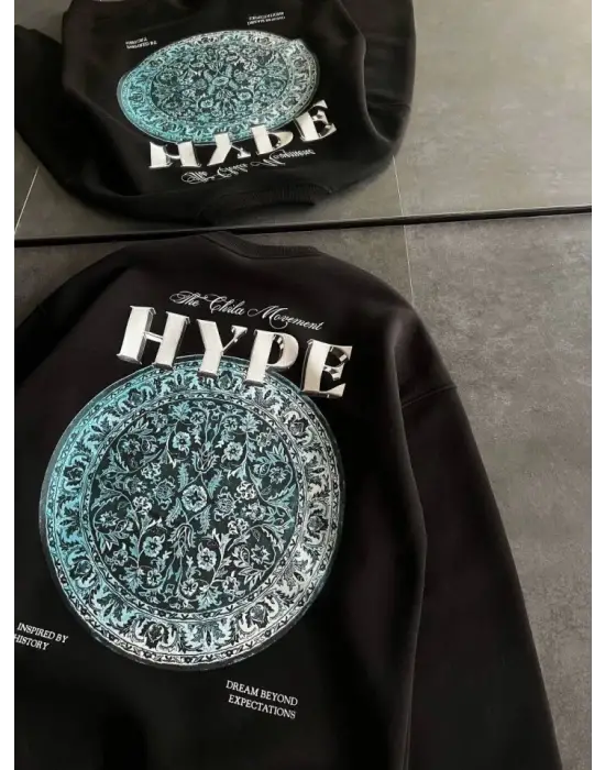 Üç İplik Bisiklet Yaka Baskılı SweatShirt - Siyah
