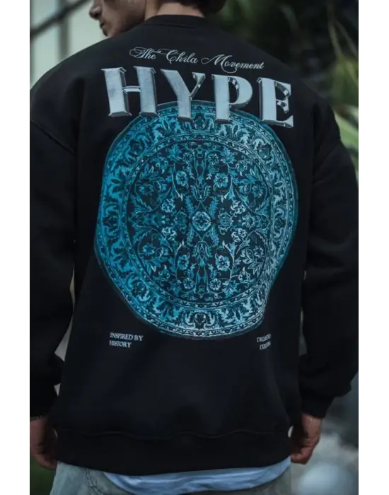 Üç İplik Bisiklet Yaka Baskılı SweatShirt - Siyah