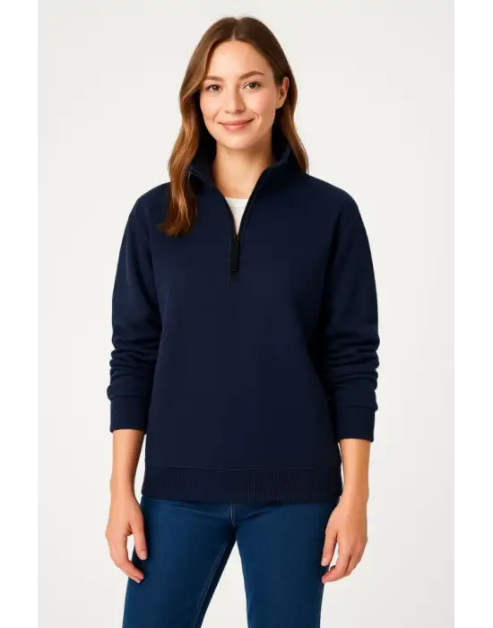 Üç İplik Dık Yaka Yarım Fermuarlı SweatShirt - Lacivert