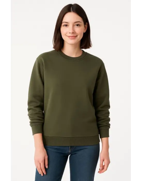 Üç İplik Düz Bisiklet Yaka SweatShirt - Haki