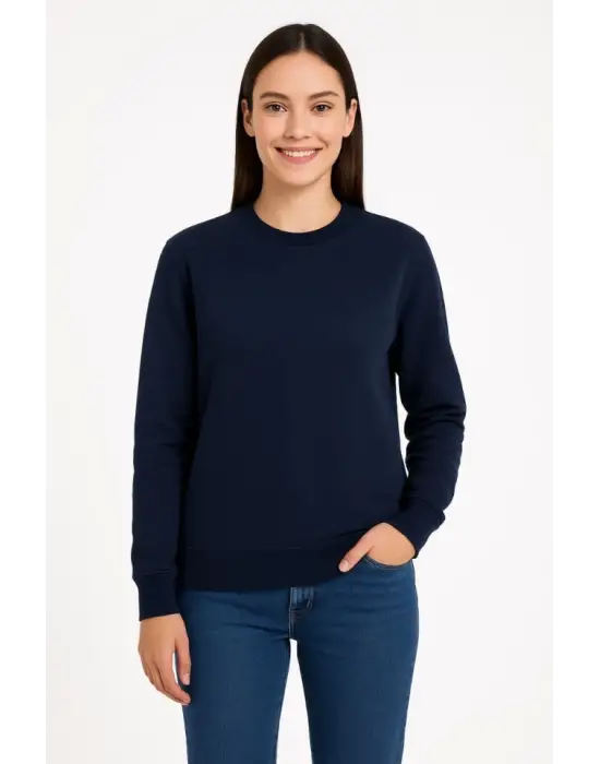 Üç İplik Düz Bisiklet Yaka SweatShirt - Lacivert