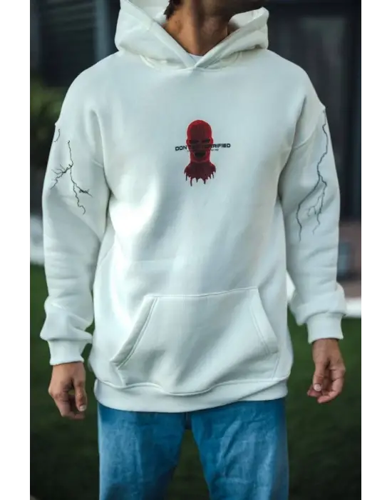 Üç İplik Kapşonlu Baskılı Oversize SweatShirt- Beyaz