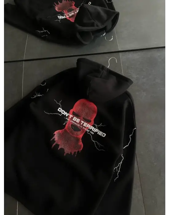 Üç İplik Kapşonlu Baskılı Oversize SweatShirt- Siyah