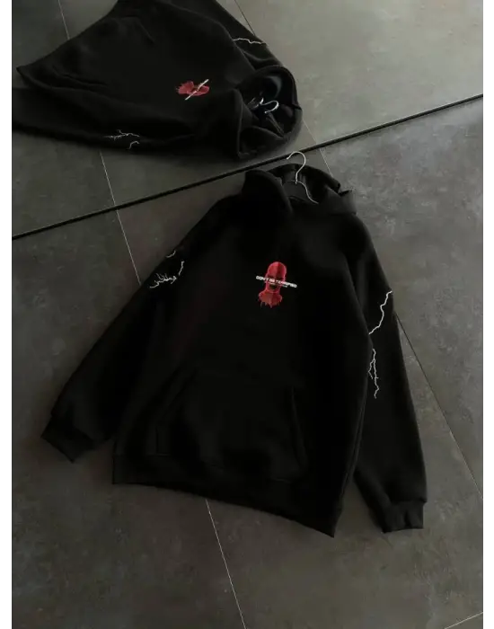 Üç İplik Kapşonlu Baskılı Oversize SweatShirt- Siyah
