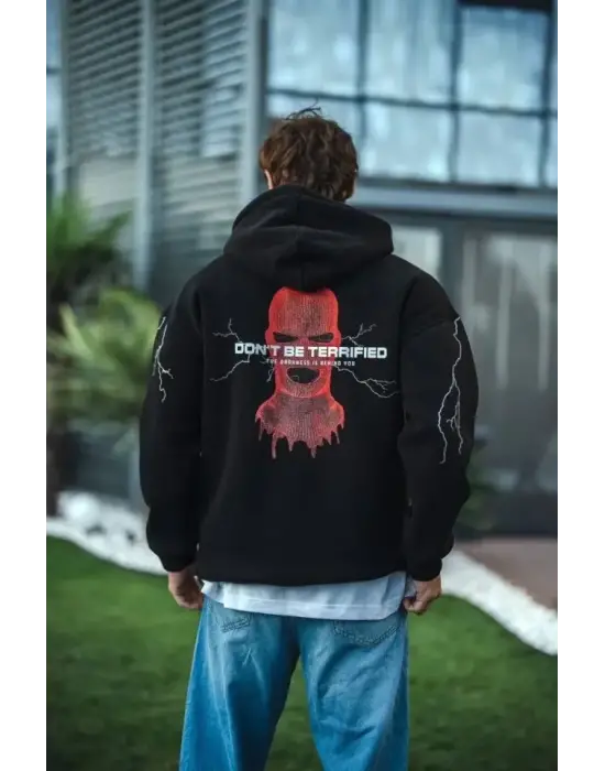 Üç İplik Kapüşonlu Baskılı Oversize SweatShirt- Siyah