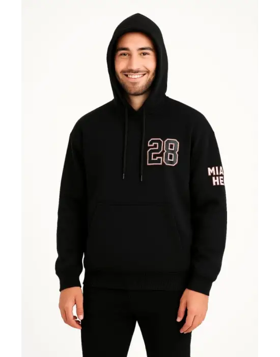 Üç İplik Kapüşonlu Ön Ve Arka Baskılı SweatShirt Hoodie - Siyah