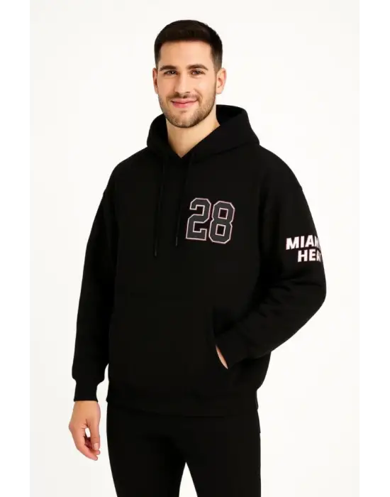 Üç İplik Kapüşonlu Ön Ve Arka Baskılı SweatShirt Hoodie - Siyah