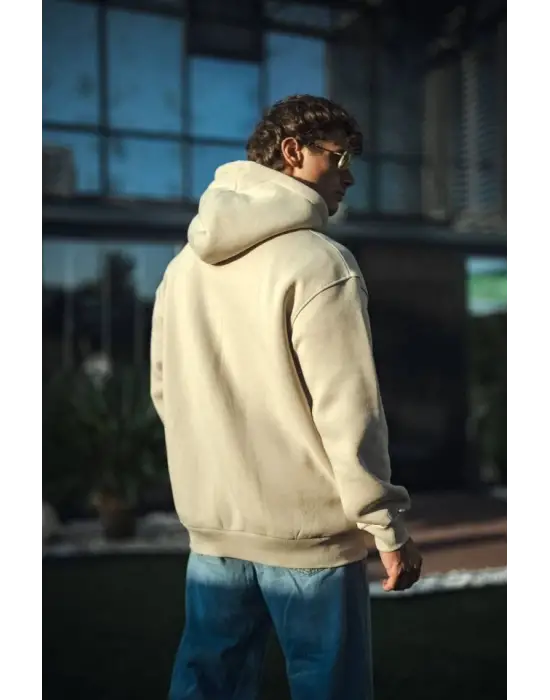 Üç İplik Penye Kapşonlu Basic SweatShirt - Bej