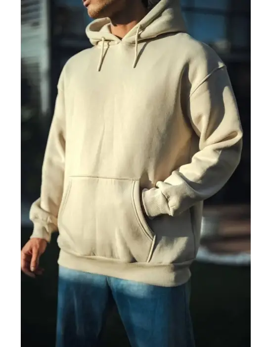 Üç İplik Penye Kapşonlu Basic SweatShirt - Bej