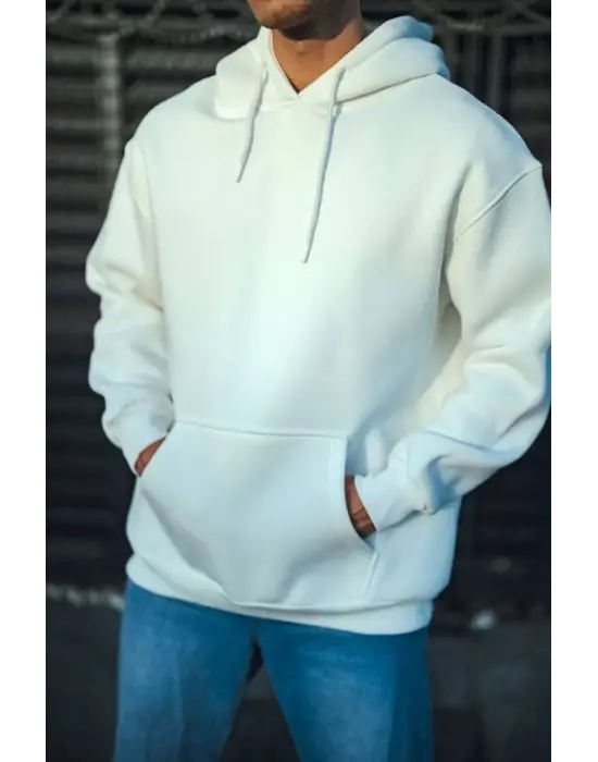 Üç İplik Penye Kapşonlu Basic SweatShirt - Beyaz
